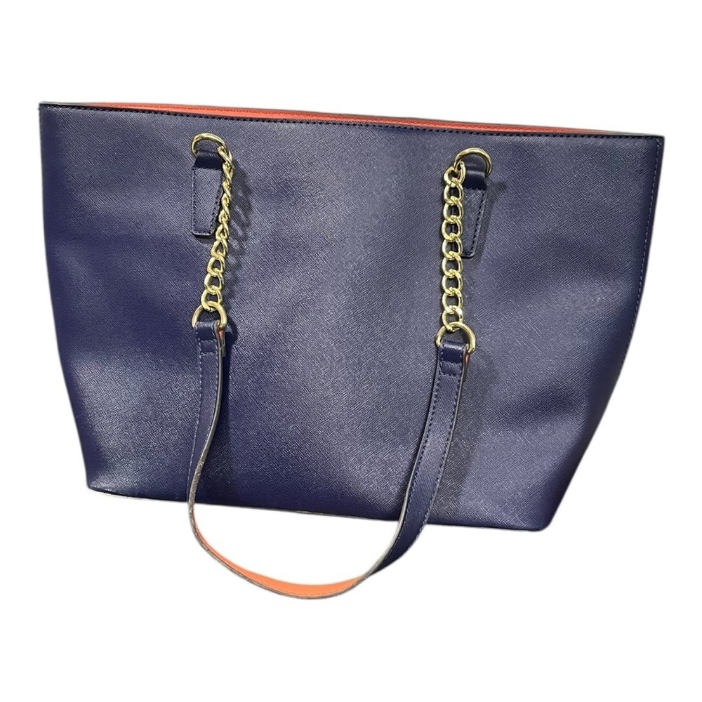 Anne Klein dark blue faux leather tote bag purse with a gold chain strap detail - Picture 6 of 10